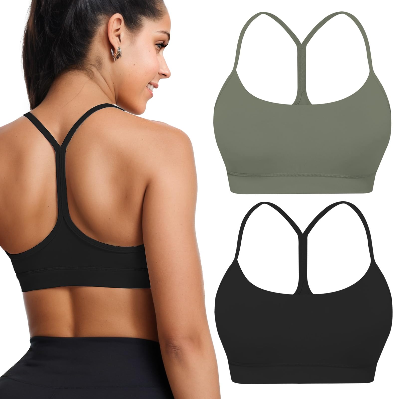 Buauty Lot de 2 soutiens-gorge de sport dos en Y pour femme, soutien-gorge rembourré à faible impact, dos nageur, bretelles spaghetti, haut d'entraînement pour femme
