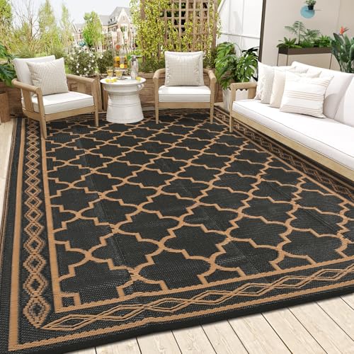 Garvee 9x18 Outdoor Rug Extra Large Waterproof Patio Carpet Reversible Plastic Straw Mat for Deck Backyard Balcony RV Camping Easy Clean Portable Outdoor Mat Black/Brown