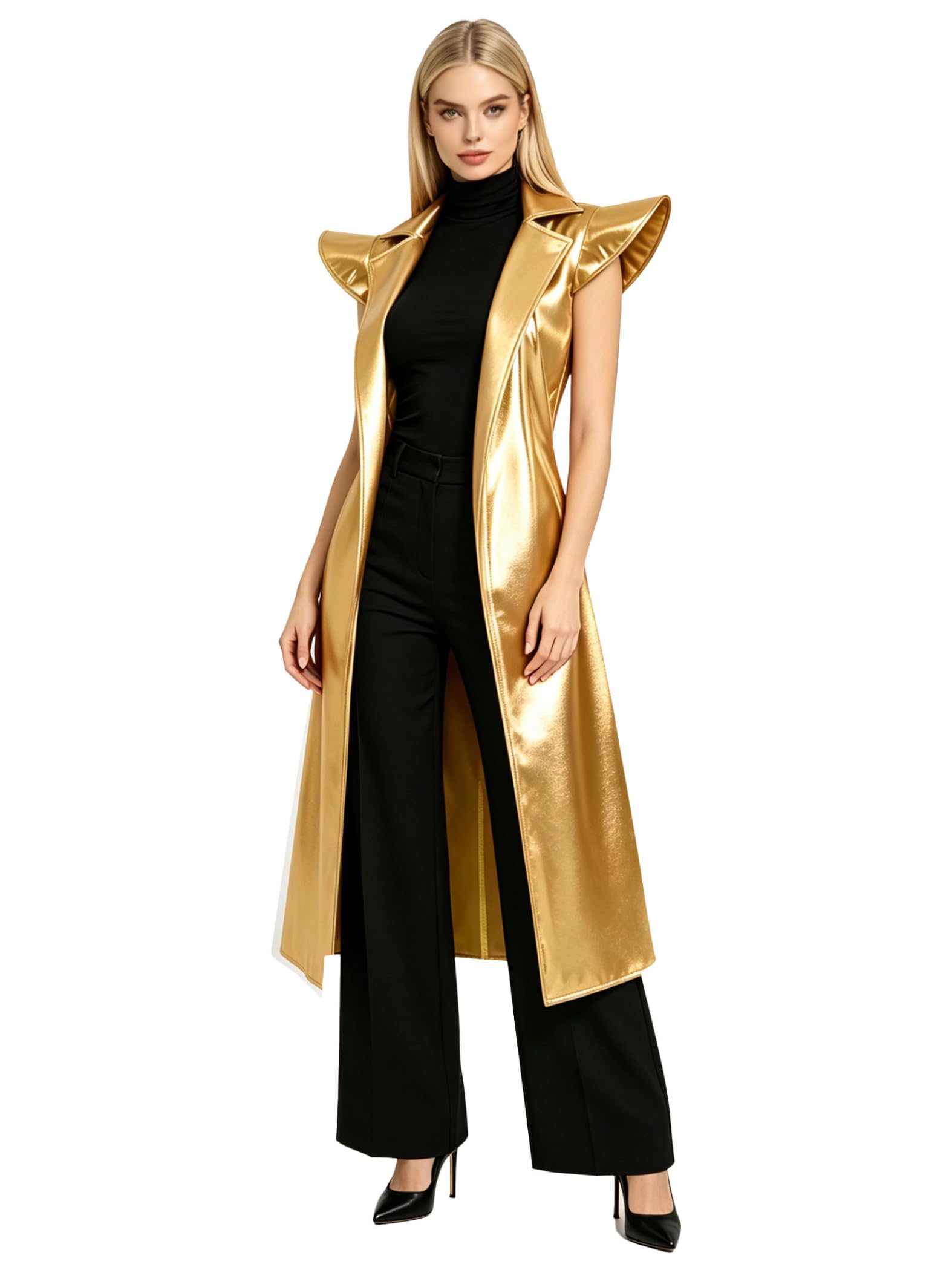 Mujer Ropa De Club Traje Largo Con Solapa Chaqueta Motocicleta Gabardina Pvc Brillante Blazer Cosplay