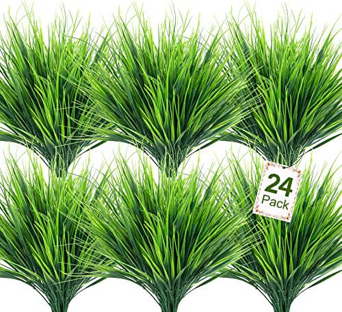 Ouddy Decor 24 Bundles Artificial Plants Outdoors Fake Wheat Grass Faux Greenery Stems Plastic Shrubs UV Resistant for Patio Garden Porch Window Box Spring Home Decor, Green
