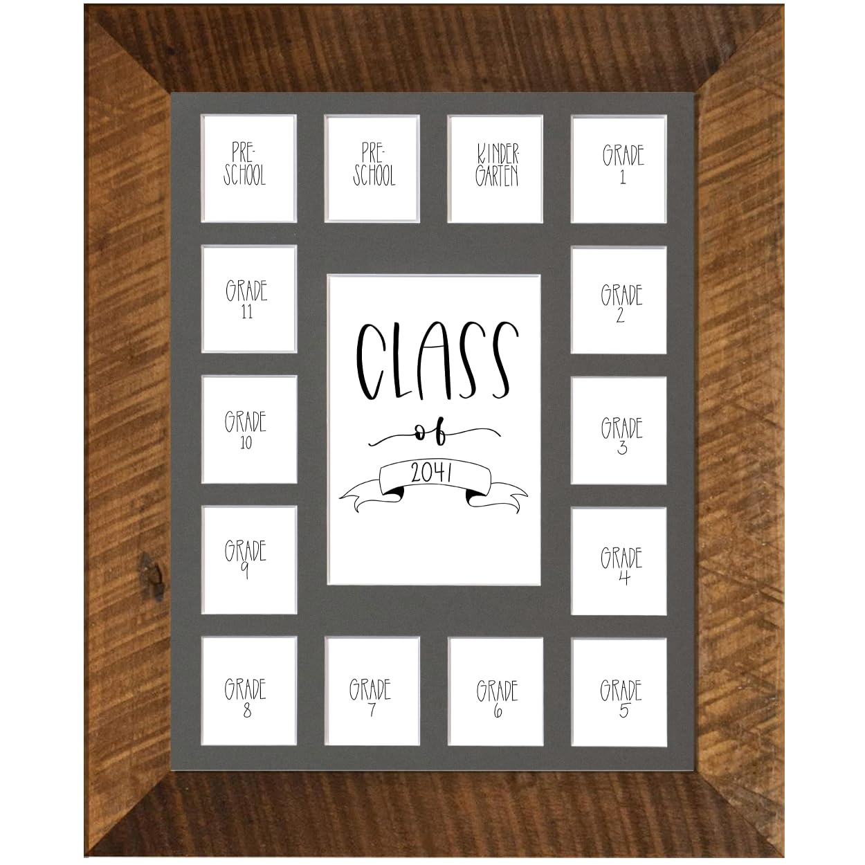 Rustic Red Door Co. School Years Reclaimed Wood Picture Frame with Mat - 11x14 Wooden Framed 15 Photo Collage Mat Pre-School &amp; Kindergarten to 12th Grade High School Graduation (Class of 2041, Grey)