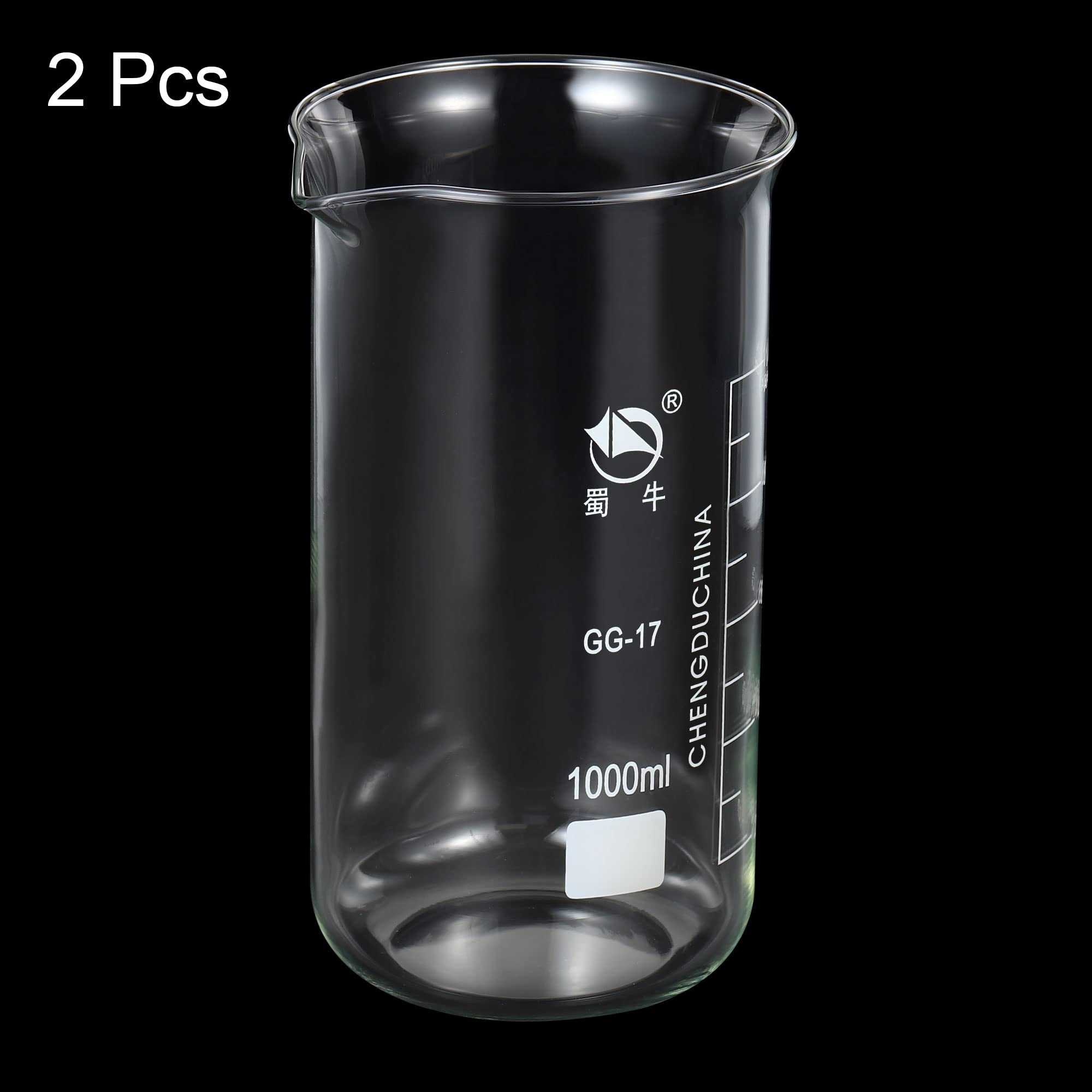PATIKIL 1000ml Alto Forma Vidrio Cubilete, 2 Paquete 3.3 Borosilicato Vidrio Graduado Impreso Escala Medición Tazas con Caño para Cocina Laboratorio Líquidos