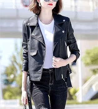 Dbdkejj Women Turn-Down Collar Zipper Leather Jacket Spring
