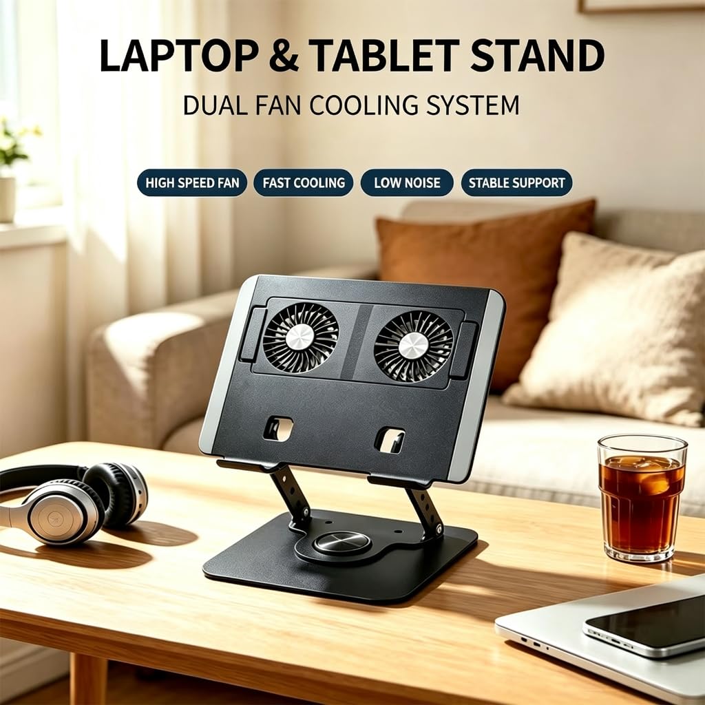 Soporte elevado para portátil con refrigeración de dos ventiladores, soporte multiángulo para computadora portátil, para uso en escritorio, mesas de oficina en casa, clases en línea y áreas de