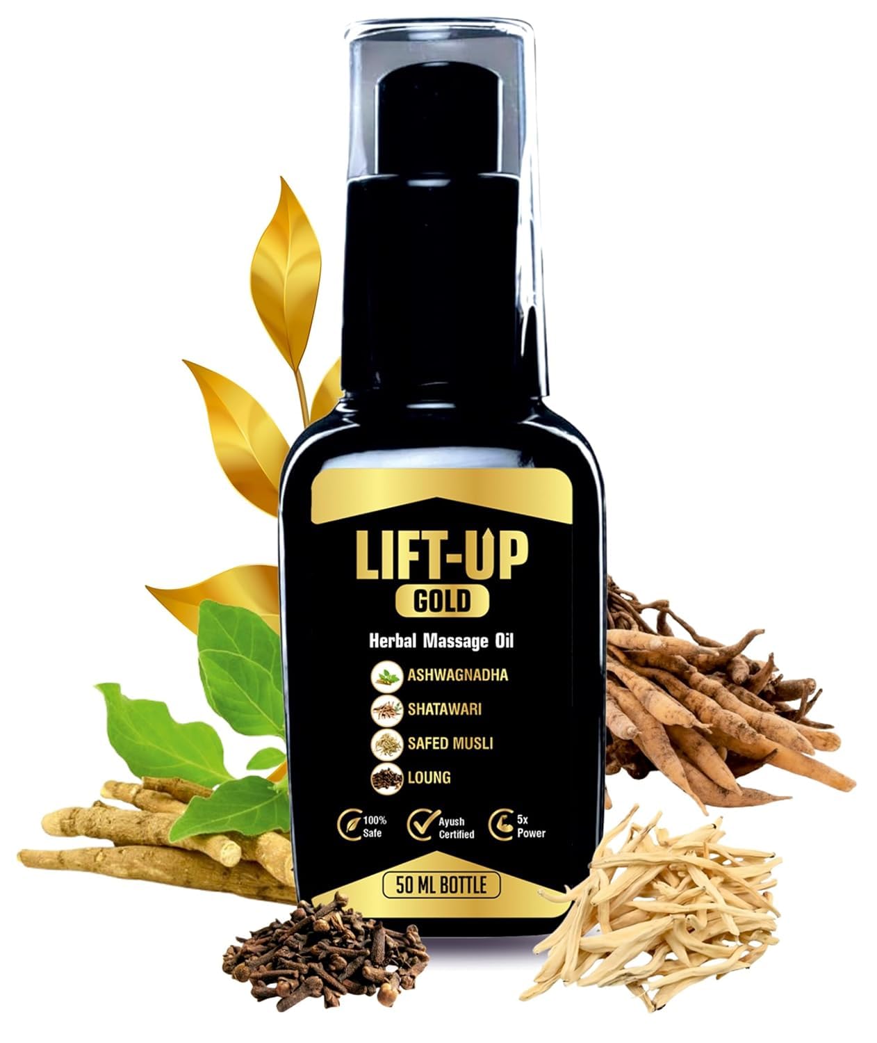 LIFT UP GOLD Lift Up Massage Oil for Men Enhancer Ayurvedic Massage Oil for Men 50 Ml Performance Oil restores energy & hardens the relaxing muscles Ashwagandha, Safed Musli, Shatawar, Loung