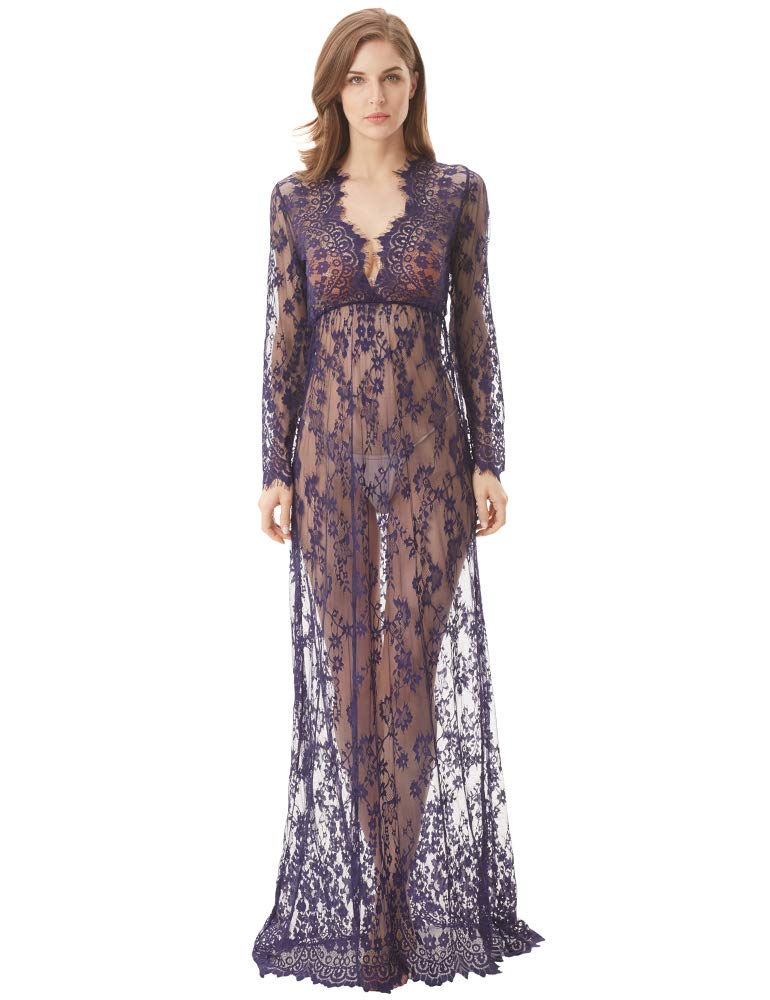 CUNLIN Women Floor Length Deep-V See Through Floral Lace Gown Maxi Maternity Dress for Photo Shoot