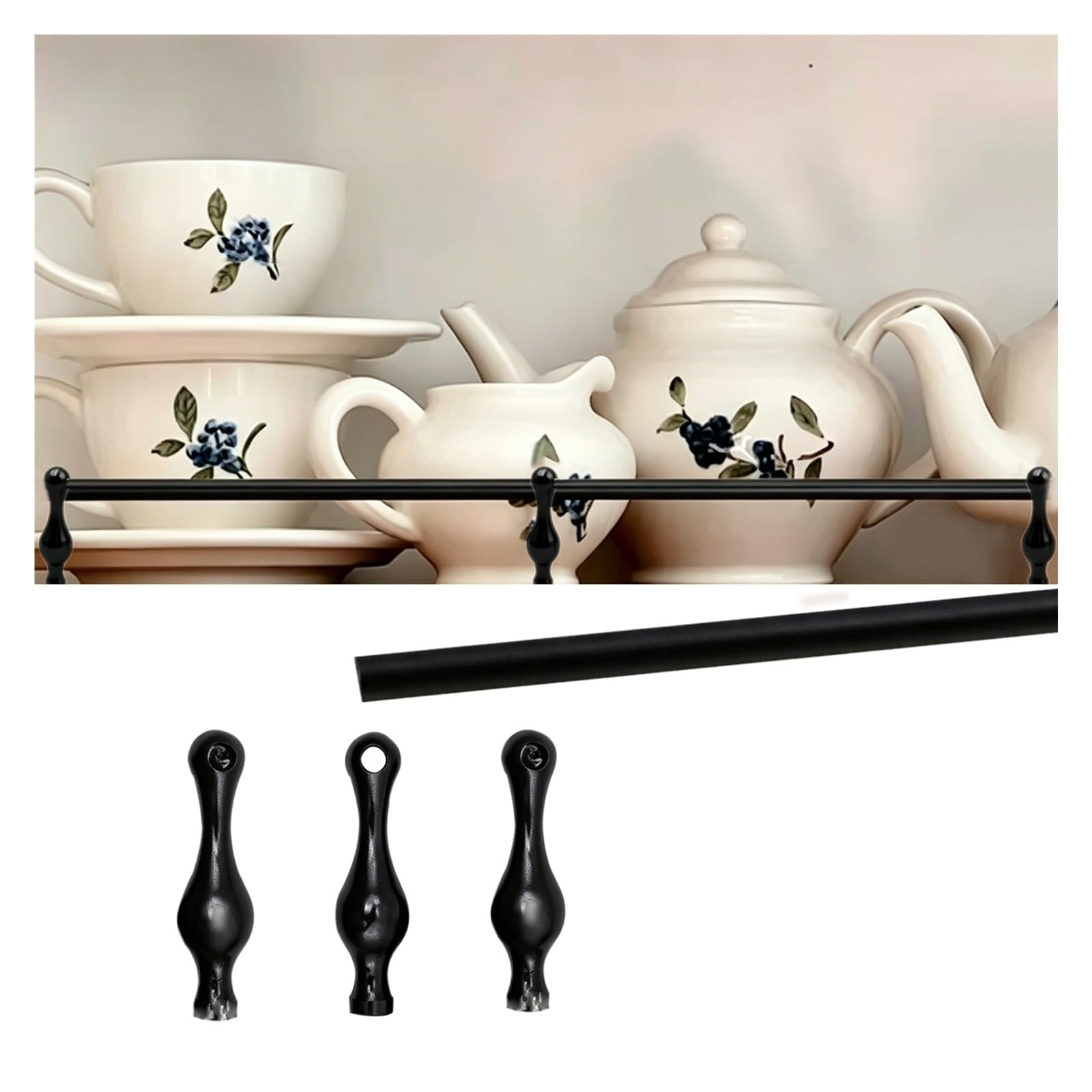 Aluminum Tipping Gallery Rails Set 95 85 75 65 55 45cm, Customizable Guard Rail for Shelving with 3 Spindles, Decor Floating Shelf Railing Rod for Glassware, Collectibles(Black C,85cm/33.5in)