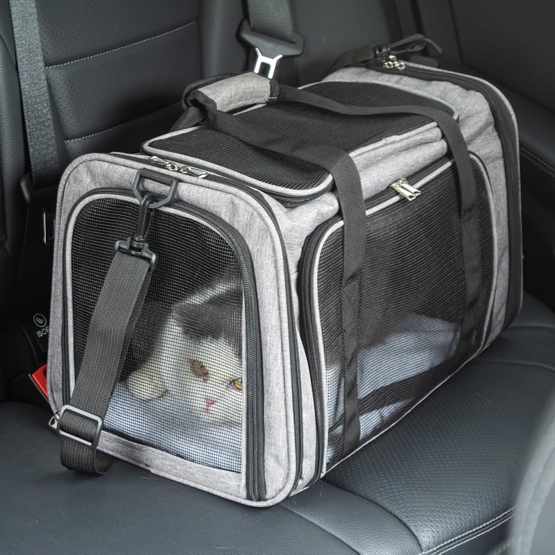 pet Bag Collapsible Portable for Dog cat go Out Traveling Carrier Oblique Slung Ventilate mesh shelter Pet Carrier Bag Cat Travel Bag Breathable pet Bag (Black, L:53X32X32CM/20.9