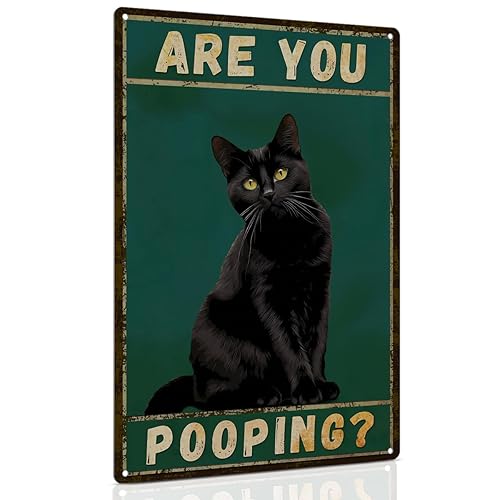 ALKB Funny Black Cat Sign Are You Pooping Metal Signs Black Cat Gift Vintage Bathroom Wall Decor 8 x 12 Inch - Black Cat On The Wall