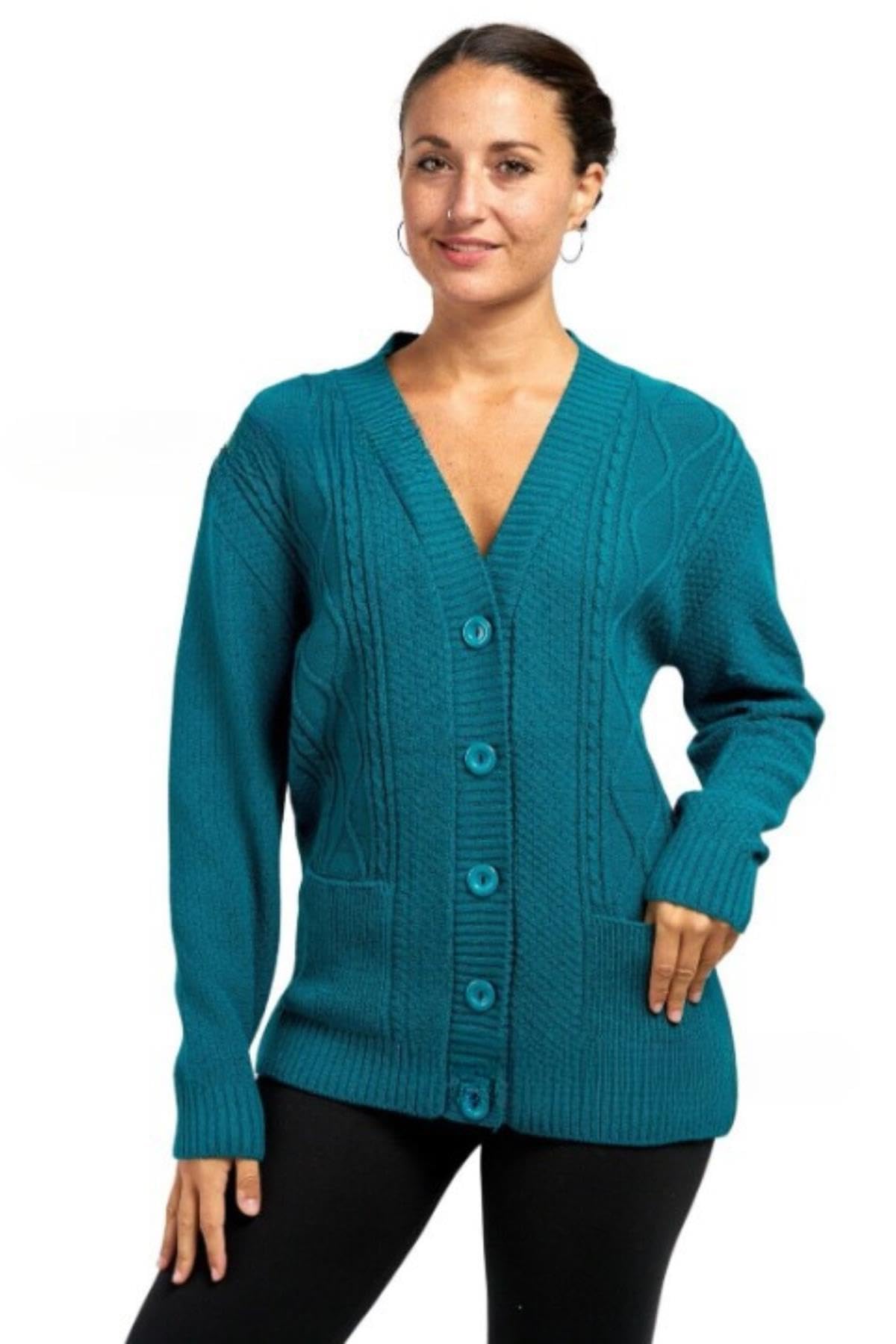 WICKEDFASHIONS123 Womens Long Sleeve Chunky Cable Knitted Cardigan 5 Button Front Sweater 2 Pockets Casual Winter Warm Jumper Soft Knitwear Cozy Stylish Layering Top UK Sizes Jade Green
