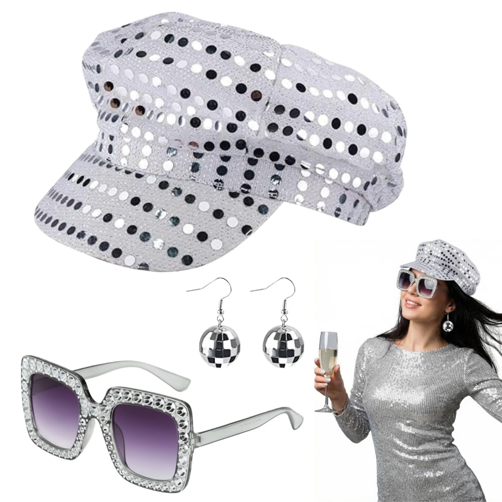 EYWILYWI 3Pcs 70s Disco Costume Set Sequin Glitter Hat, Bling Sunglasses & Earrings,Retro Abba Accessories for Women,Perfect for Theme Parties, Birthday Dances & Disco Fancy Dress (silver)