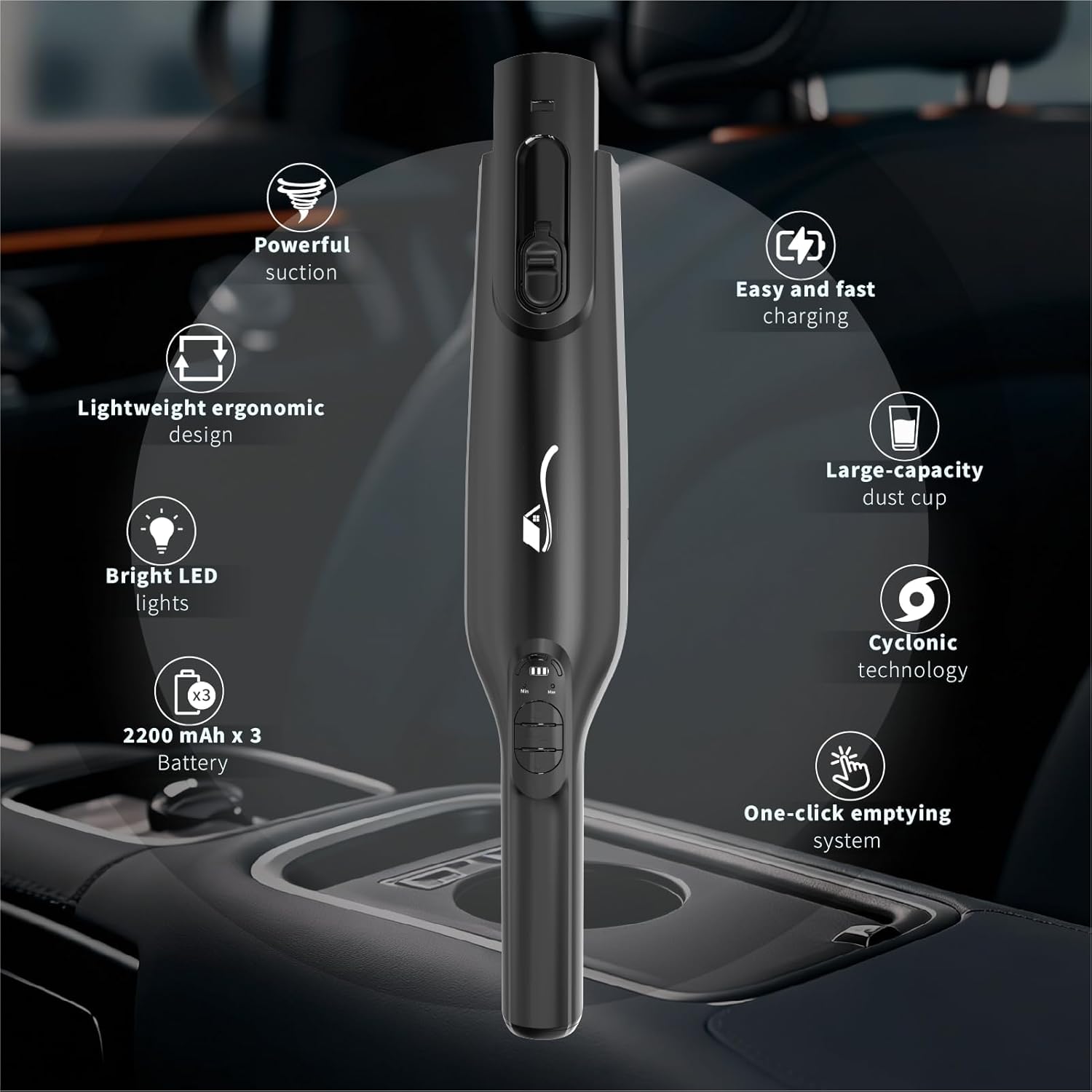 Cordless Handheld Vacuum, Lightweight Portable Hand Vacuum Cleaner with LED Light,Rechargeable Hand Held Vacuum with One-Touch Empty, Powerful Suction for Office, Home,Car,Black