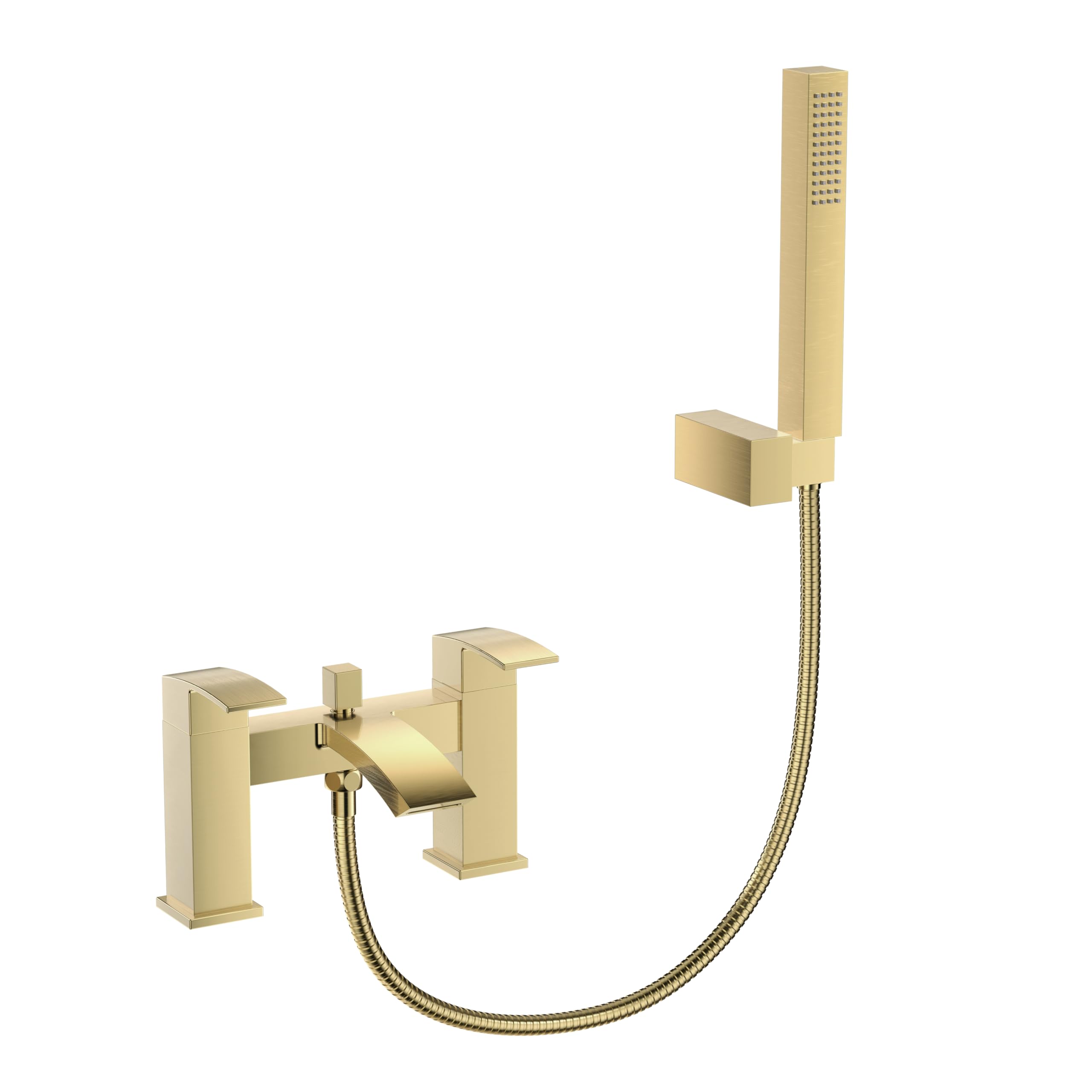 Veebath Brushed Brass Tidal Square Bath Shower Mixer Tap With Kit – Finish, Dual Lever, Modern Bath Tap With Square Showerhead, Deck Mounted, Contemporary Design For Bathroom Taps