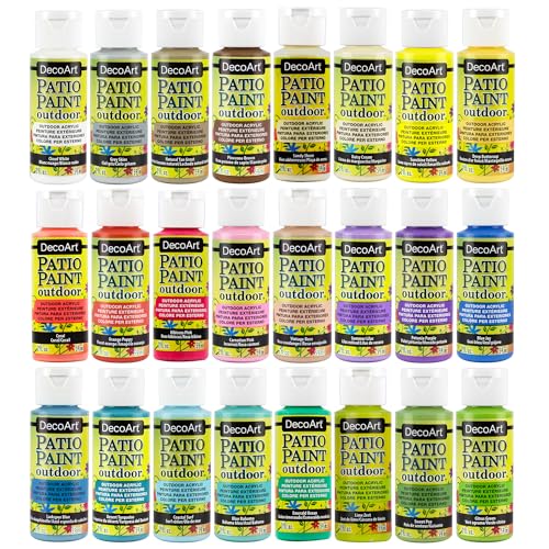 DecoArt Patio Outdoor Paint Set – 24 Starter Colors (2 fl oz Bottles) – Outdoor Weatherproof Permanent Paints for Wood, Terra Cotta & DIY Crafts