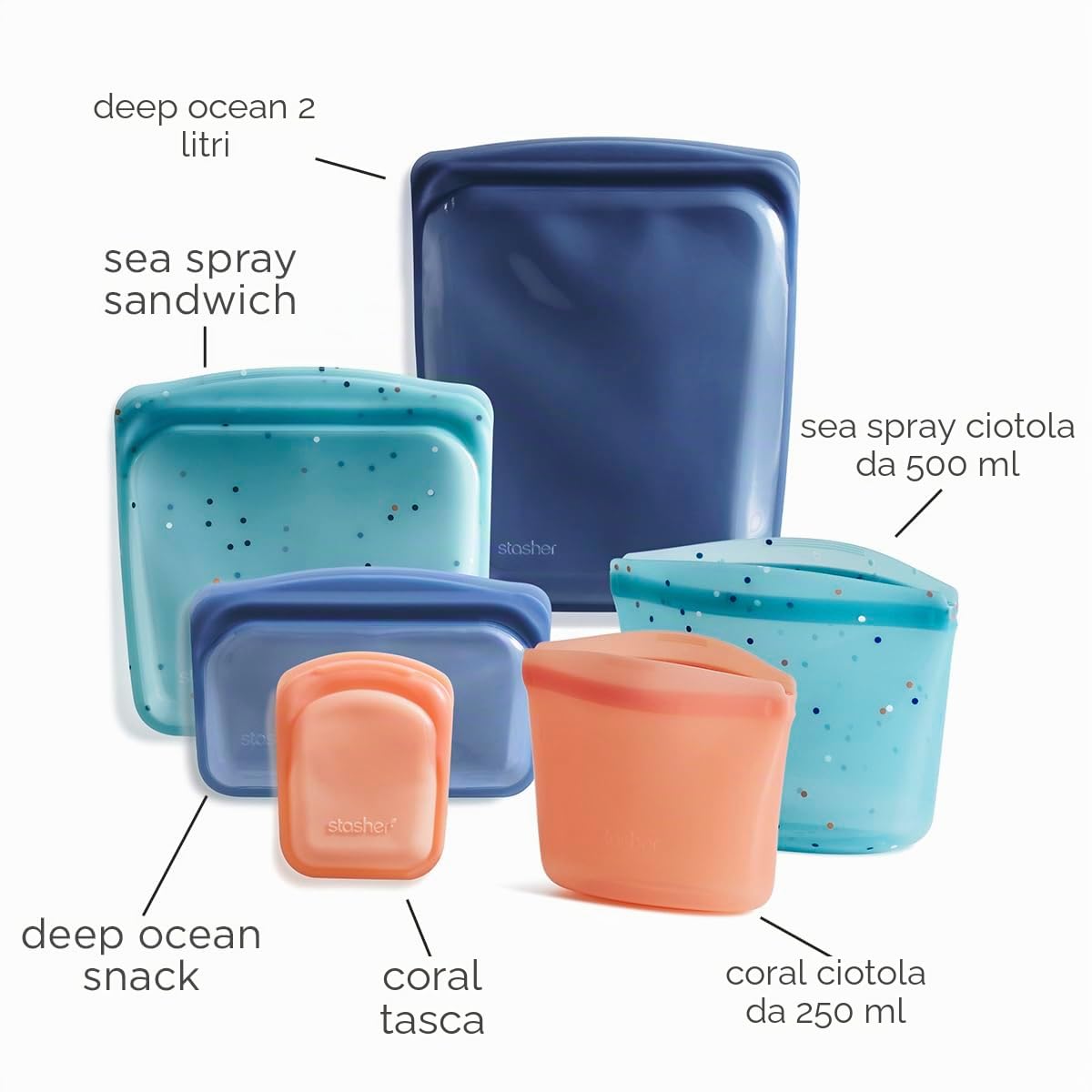 Stasher Sacchetti riutilizzabili in silicone, confezione da 6 pezzi, sacchetti riutilizzabili per congelatore, microonde, lavastoviglie, forno, sous vide, contenitori per il pranzo, ecologici, borsa
