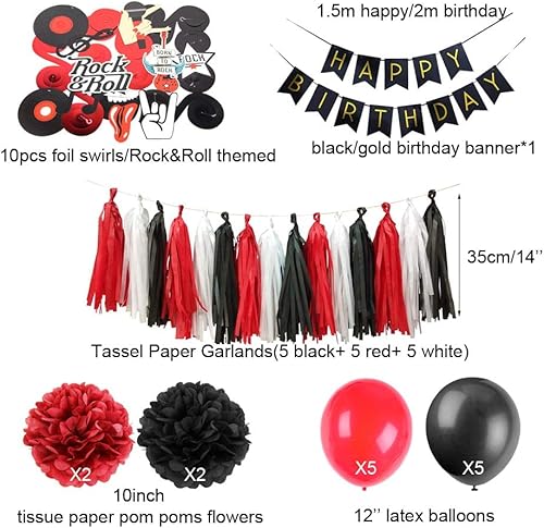 Miniatura 3 de Decoración de fiesta de cumpleaños temática de rock and roll, estrella de roca, remolinos de feliz cumpleaños, guirnalda de papel con borlas,