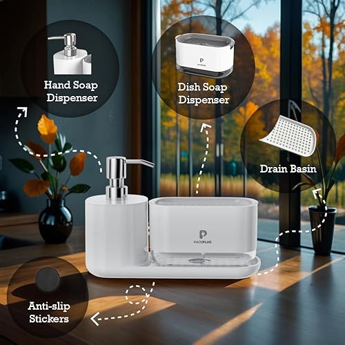 Miniatura 2 de Juego de dispensador automático de jabón para lavavajillas, bomba de jabón doble satisfactoria, bandeja de esponja premium, organizador de fregadero