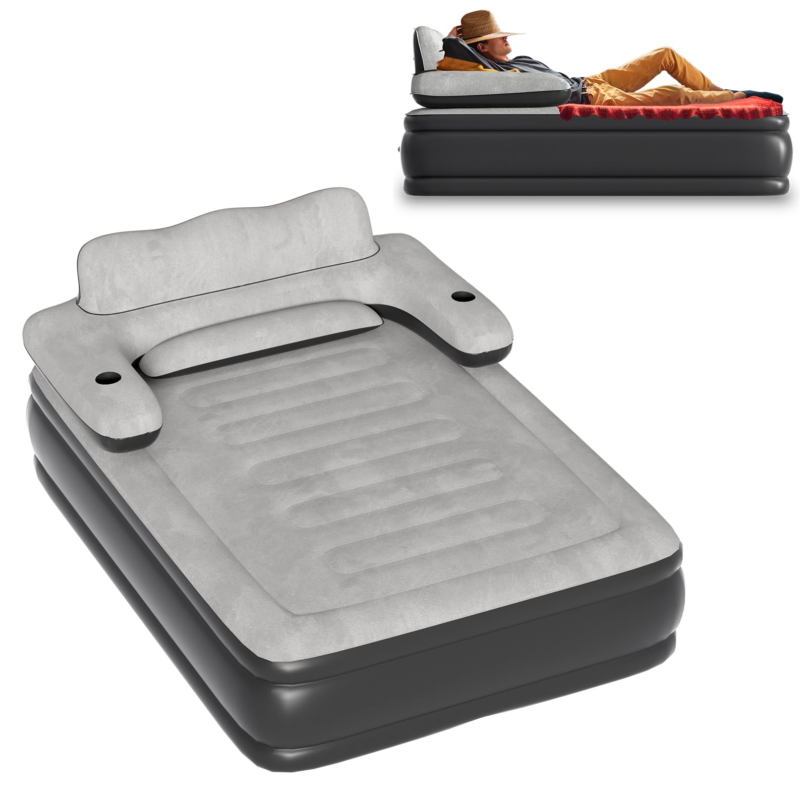 Froadp Materasso ad aria autogonfiante con testata 195 x 146 x 82,5 cm Letto ad aria per 2 persone Materasso gonfiabile con pompa ad aria per ospiti Nero e grigio
