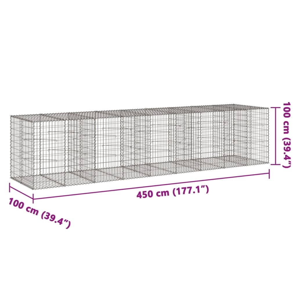 Kosz gabionowy z pokrywką 450x100x100 cm Żelazo ocynkowane | Montaż bez użycia narzędzi, w zestawie haczyki do zabudowy, do użytku zewnętrznego, ściany nośnej lub dekoracji