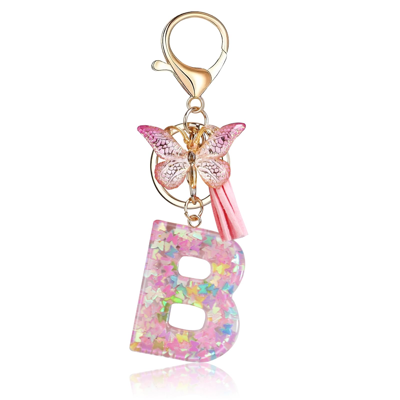 Orange & Pink Letter H Keychain - Butterfly Sequins Resin Alphabet Initial With Pink Tassel, Medium