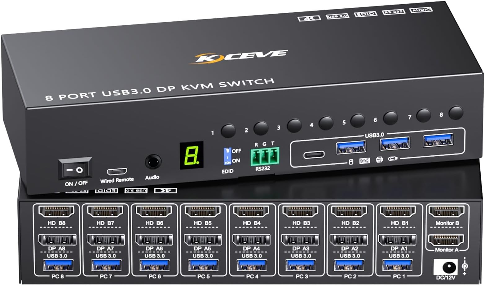 8 Port HDMI Displayport KVM Switch 2 Monitors 8 Computers 4K@60Hz EDID Simulation,8 PC Dual Monitor KVM Switch with 4 USB 3.0 Ports,Audio,RS232,with Wired Remote,12V Power Adapter and 8 USB Cable