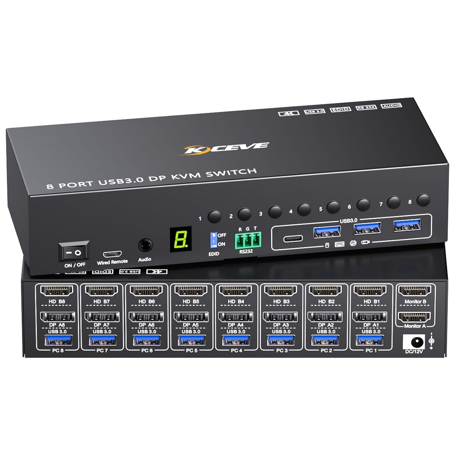 8 Port HDMI Displayport KVM Switch 2 Monitors 8 Computers 4K@60Hz EDID Simulation,8 PC Dual Monitor KVM Switch with 4 USB 3.0 Ports,Audio,RS232,with Wired Remote,12V Power Adapter and 8 USB Cable