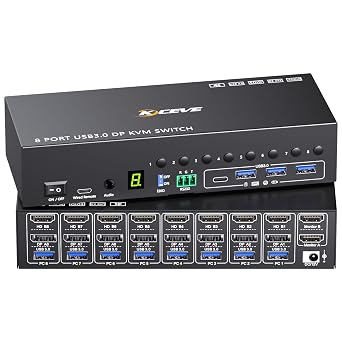 8 Port HDMI Displayport KVM Switch 2 Monitors 8 Computers 4K@60Hz EDID Simulation,8 PC Dual Monitor KVM Switch with 4 USB 3.0 Ports,Audio,RS232,with Wired Remote,12V Power Adapter and 8 USB Cable