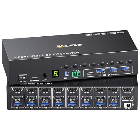 8 Port HDMI Displayport KVM Switch 2 Monitors 8 Computers 4K@60Hz EDID Simulation,8 PC Dual Monitor KVM Switch with 4 USB 3.0 Ports,Audio,RS232,with Wired Remote,12V Power Adapter and 8 USB Cable
