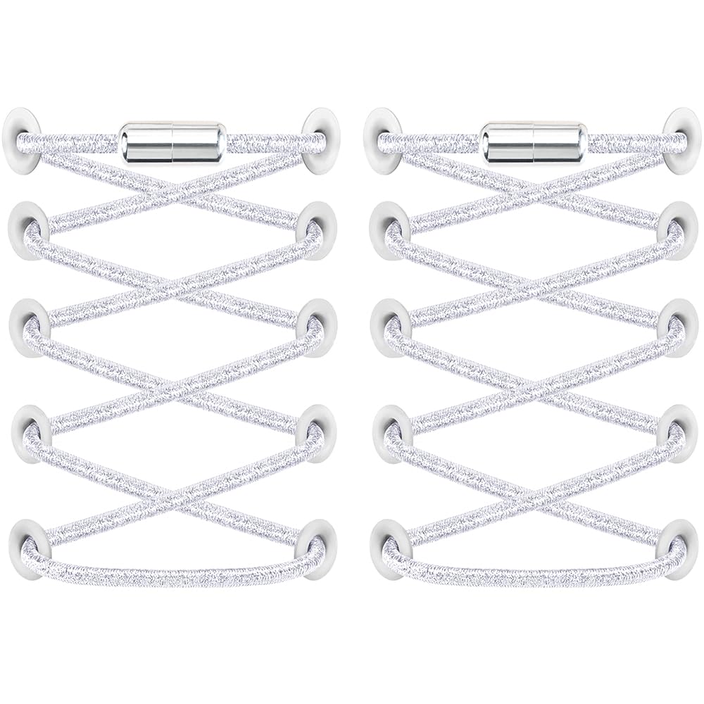 RJ-Sport 2 Paar Elastische Schnürsenkel mit Schnellverschluss - Schnellschnürsystem für Einzigartigen Komfort und Starken Halt - mit Metallkapseln ohne binden (Glitzer Silber)