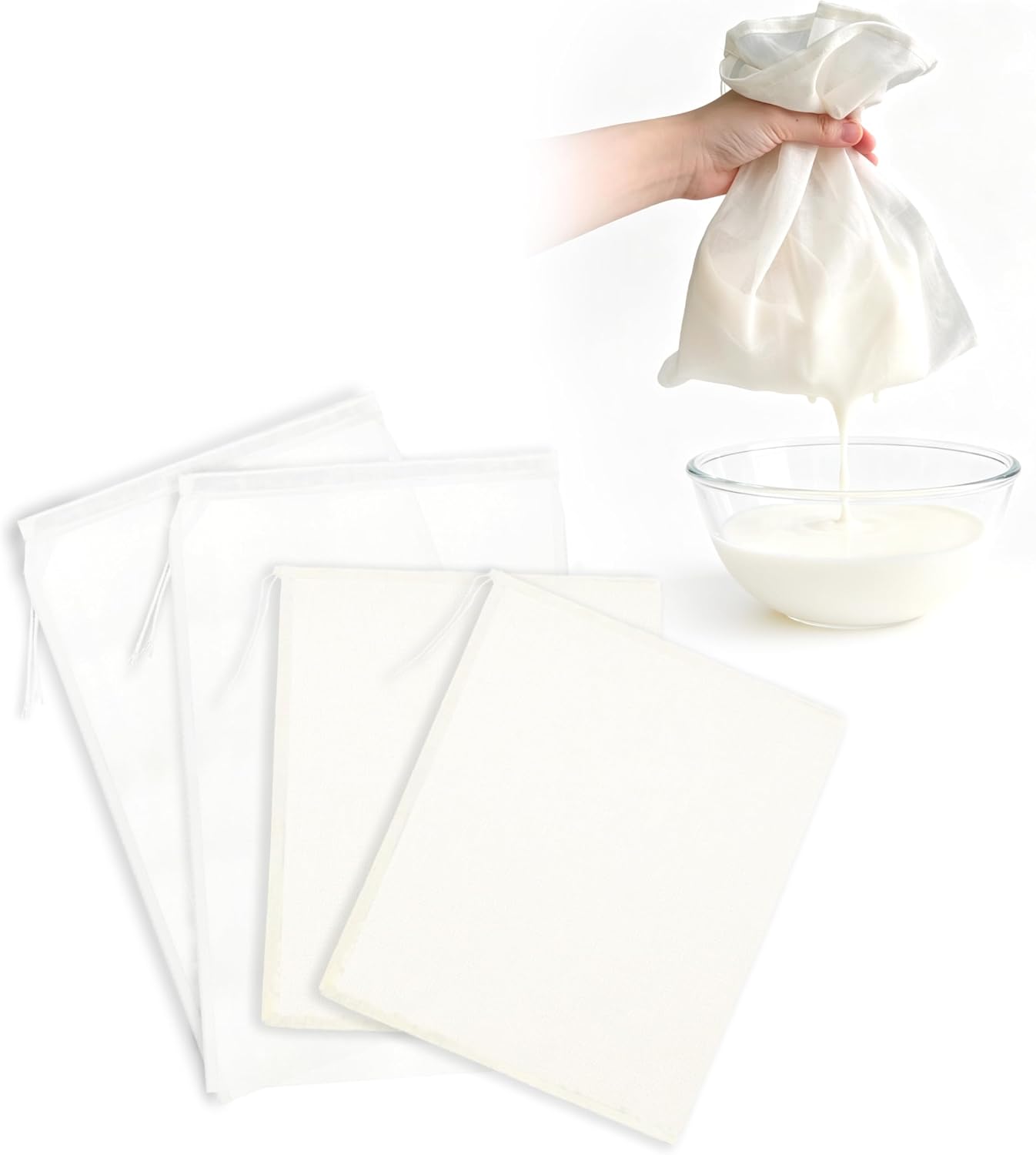 Nut Milk Bag 4 Pack, 2 Cotton Cheese Cloth Bags and 2 Fine Mesh Nylon Strainers for Almond Milk, Cold Brew, Tea, Yogurt, Juice, Wine, Soup