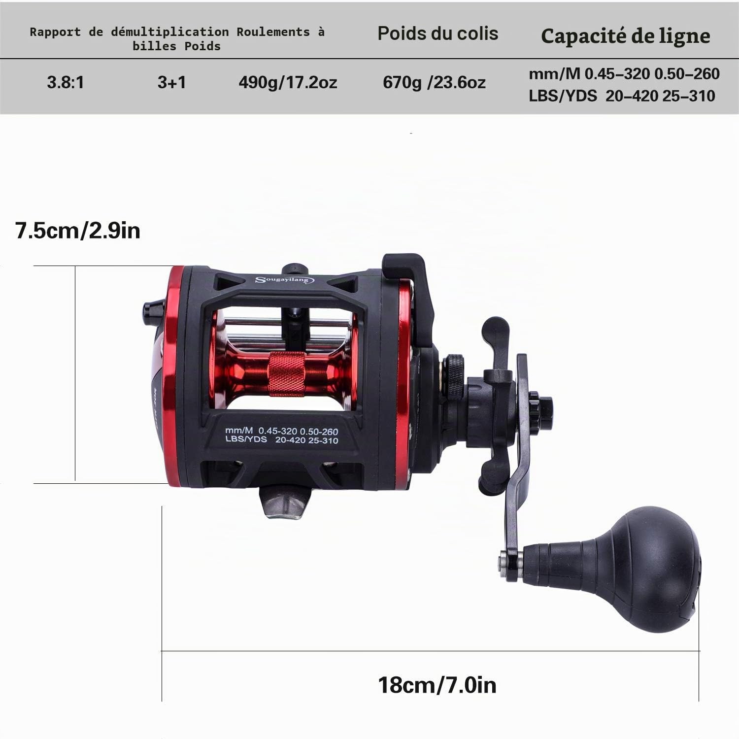 Sougayilang Trolling Reel Level Wind Conventional Reel Graphite Body Fishing Reel, Durable Stainless-Steel, Large Line Capacity