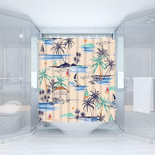 Miniatura 3 de Cortina de ducha hawaiana, palmera tropical, velero náutico, océano, costero, retro, paisaje, garabatos, tela, juego de cortina de baño con ganchos