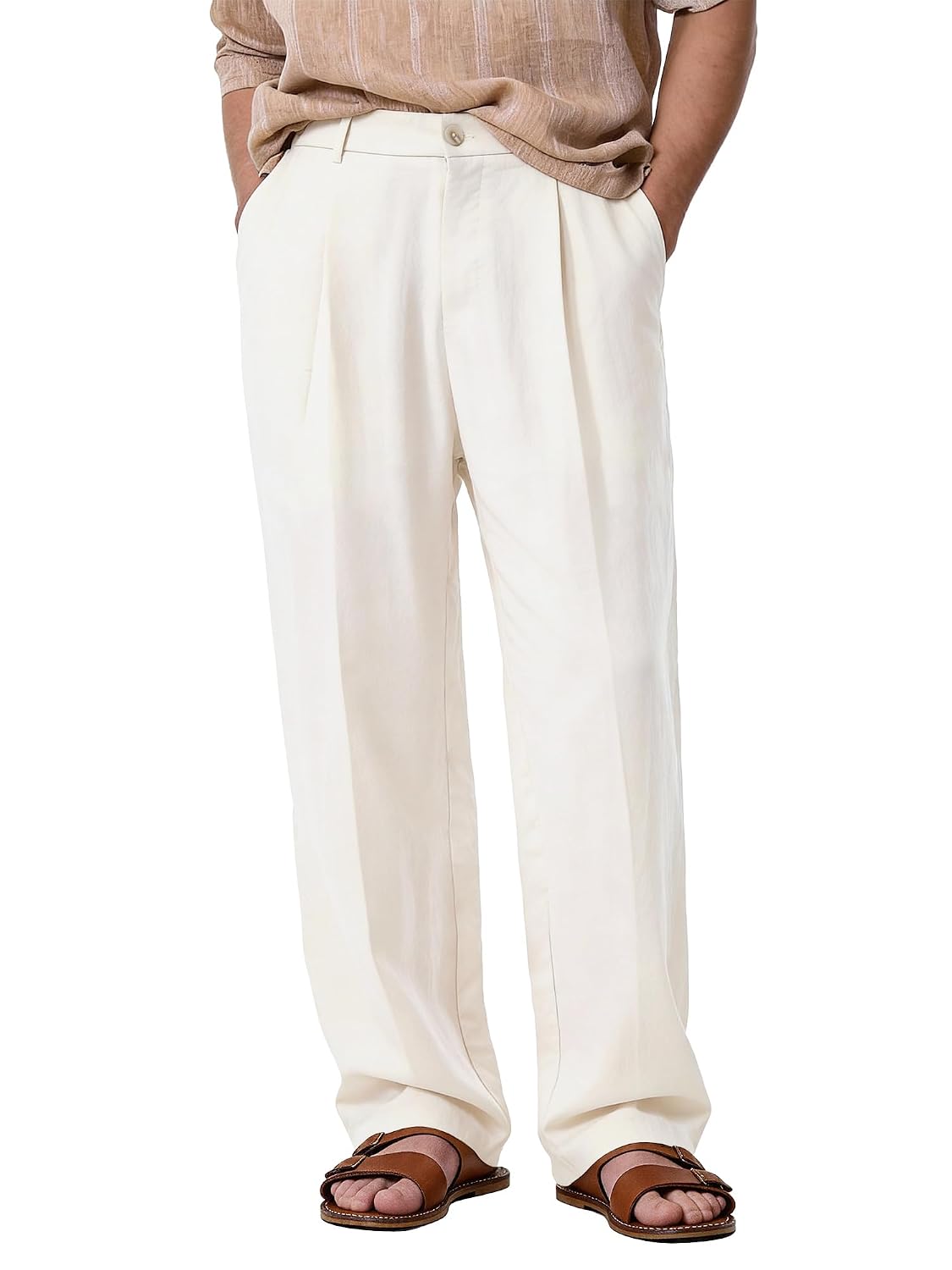 Comdecevis Calça social masculina de linho plissada, leve, folgada, negócios, casual, de linho