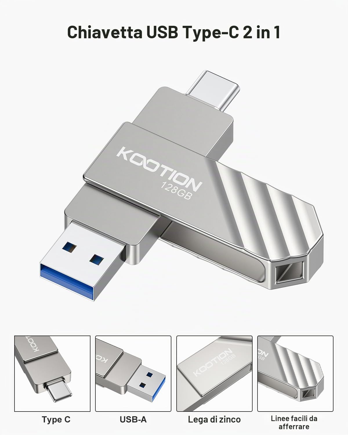 KOOTION Chiavetta USB 128GB, USB C 3.2, Chiavetta USB 128GB, OTG fino a 400MB/s, 2 in 1, Doppia Porte Esterne, SSD Metallo per Type-C iPhone/Android Smartphone/Tablet/Mac/PC Argento