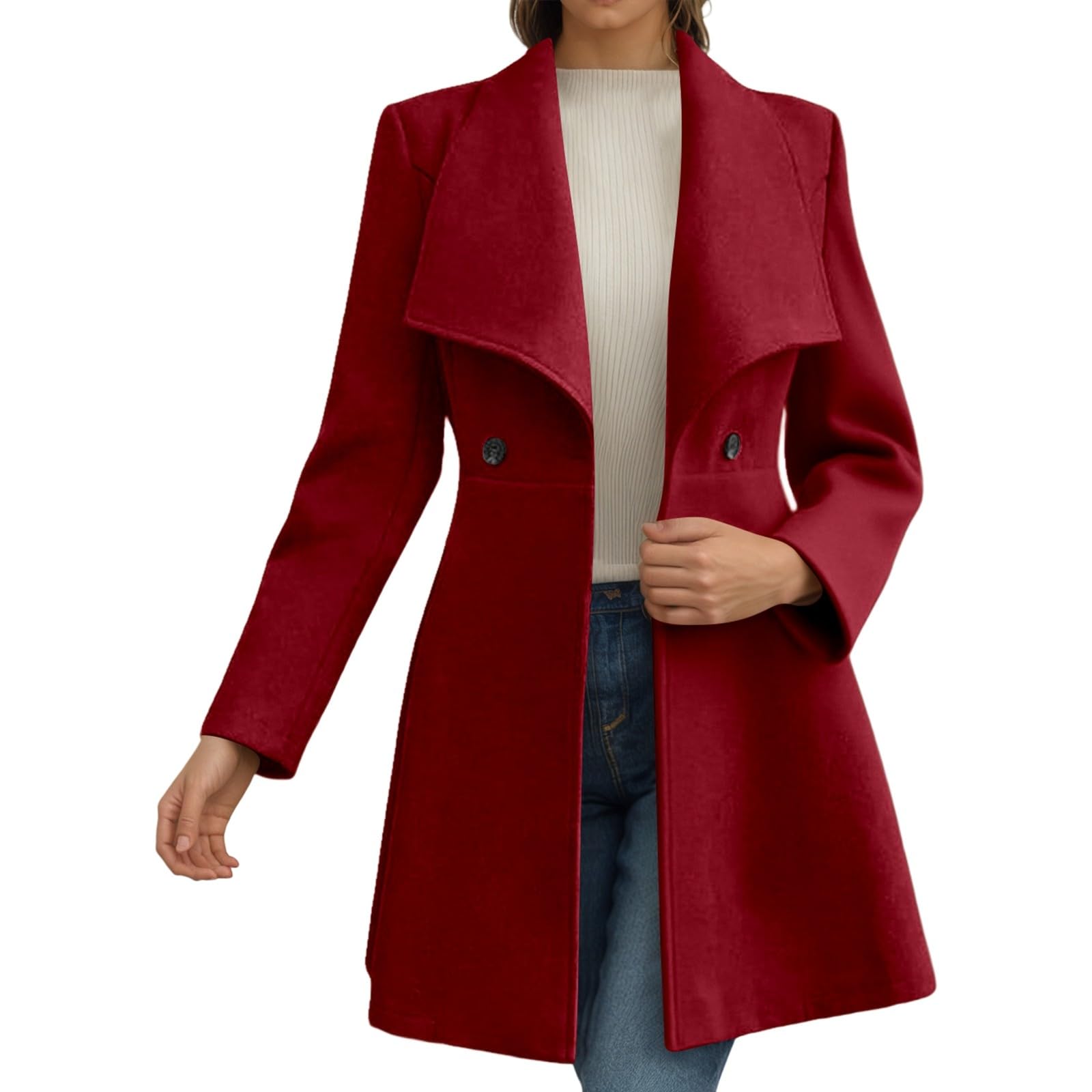 Generisch Manteau long pour femme en mélange de laine pour l'hiver avec col à revers, ceinture à la taille et doublure intérieure entièrement doublée, trench élégant en coupe grande taille