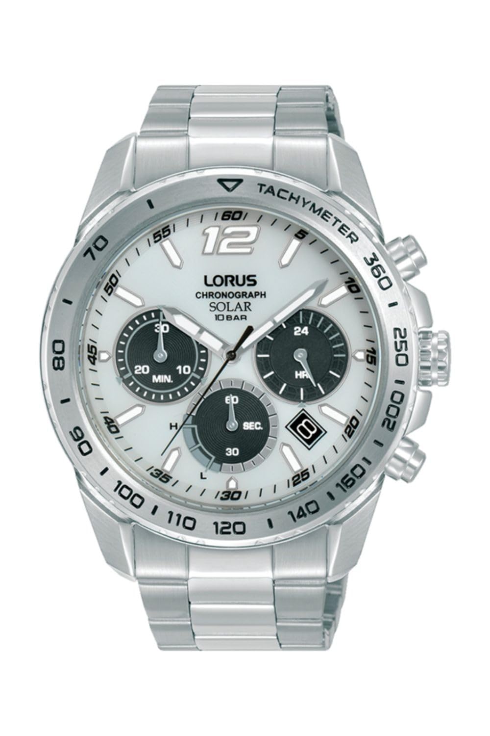 Lorus RZ513AX9 Sport Solar Chronograph Watch with white dial and stainless steel bracelet.