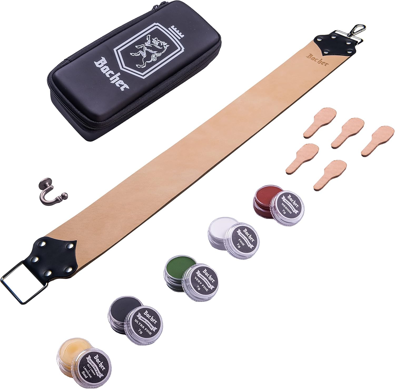 BACHER Shaving Strop Belt with Honing Compounds - Premium Straight Razor Strop Set - Wide Leather Strop Razor Sharpener, Sharpening Compound and Case (Long&Wide: 72x8 cm) - Manual Shaving Accessories