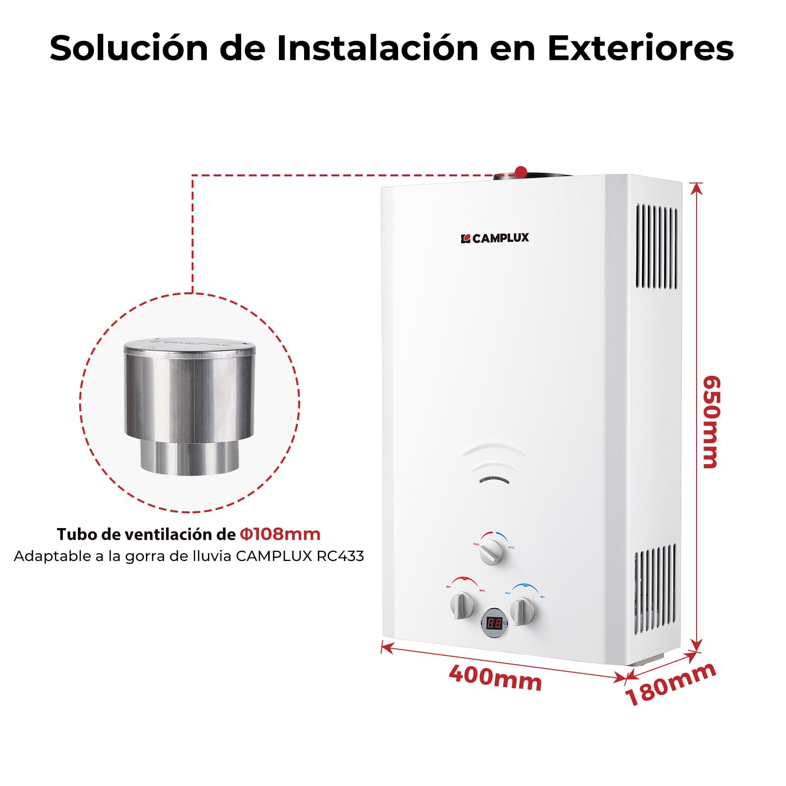 CAMPLUX Calentador de Agua a Gas de 16 Litros, GLP, 50mbar, para Campar, RV, 32kW