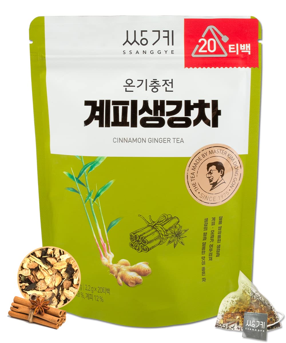 Ssanggye Cinnamon Ginger Tea 15.g x 20 Pyramid Teabags, Cinnamon Ginger/Jerusalem Artichoke/Bellflower Root & Big Blue Lilyturf/Sword Bean Daily Drink Made in Korea