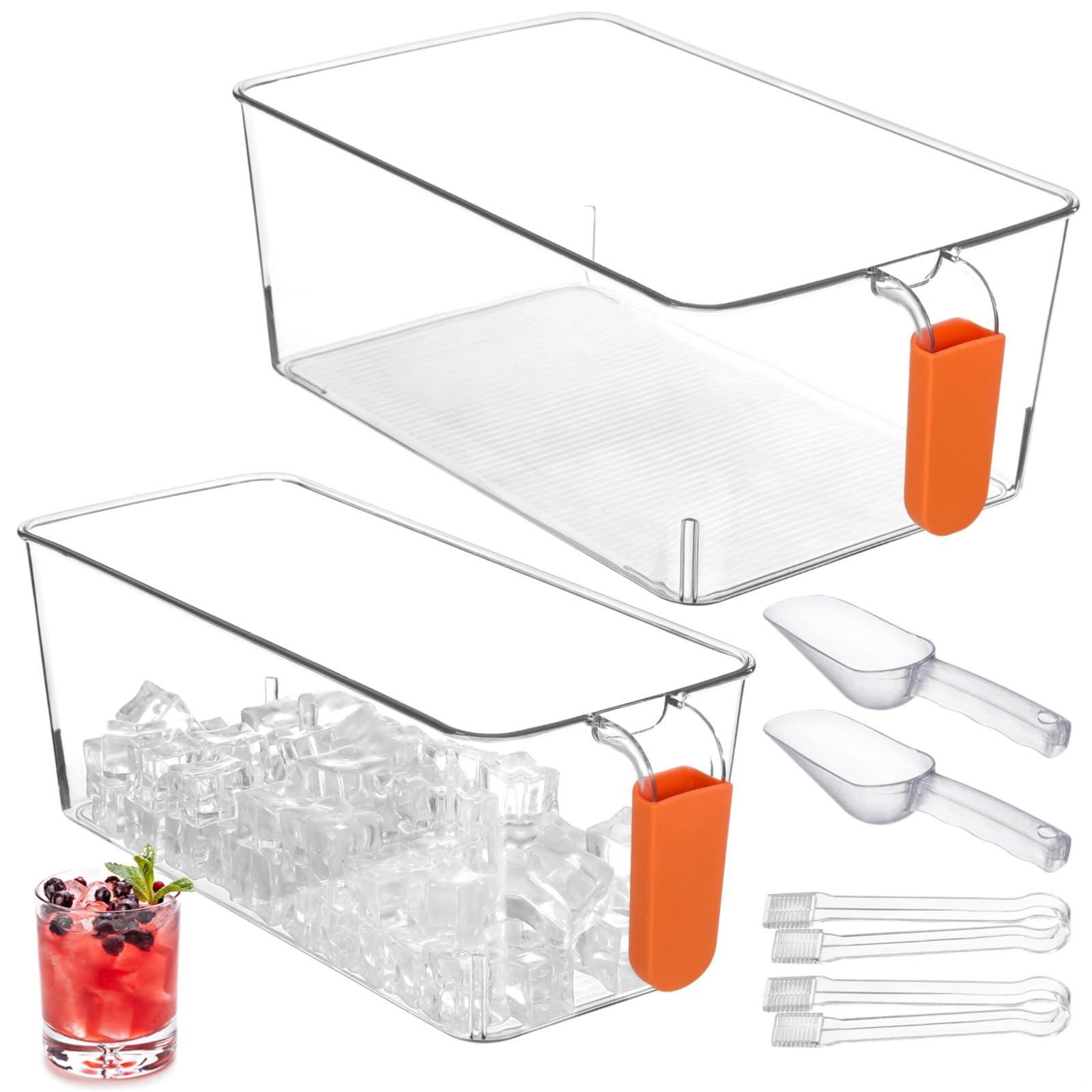 Paquete de 2 cubos de hielo con cuchara y pinza, recipientes de hielo de plástico transparente con asa extraíble para uso en fiestas y bebidas