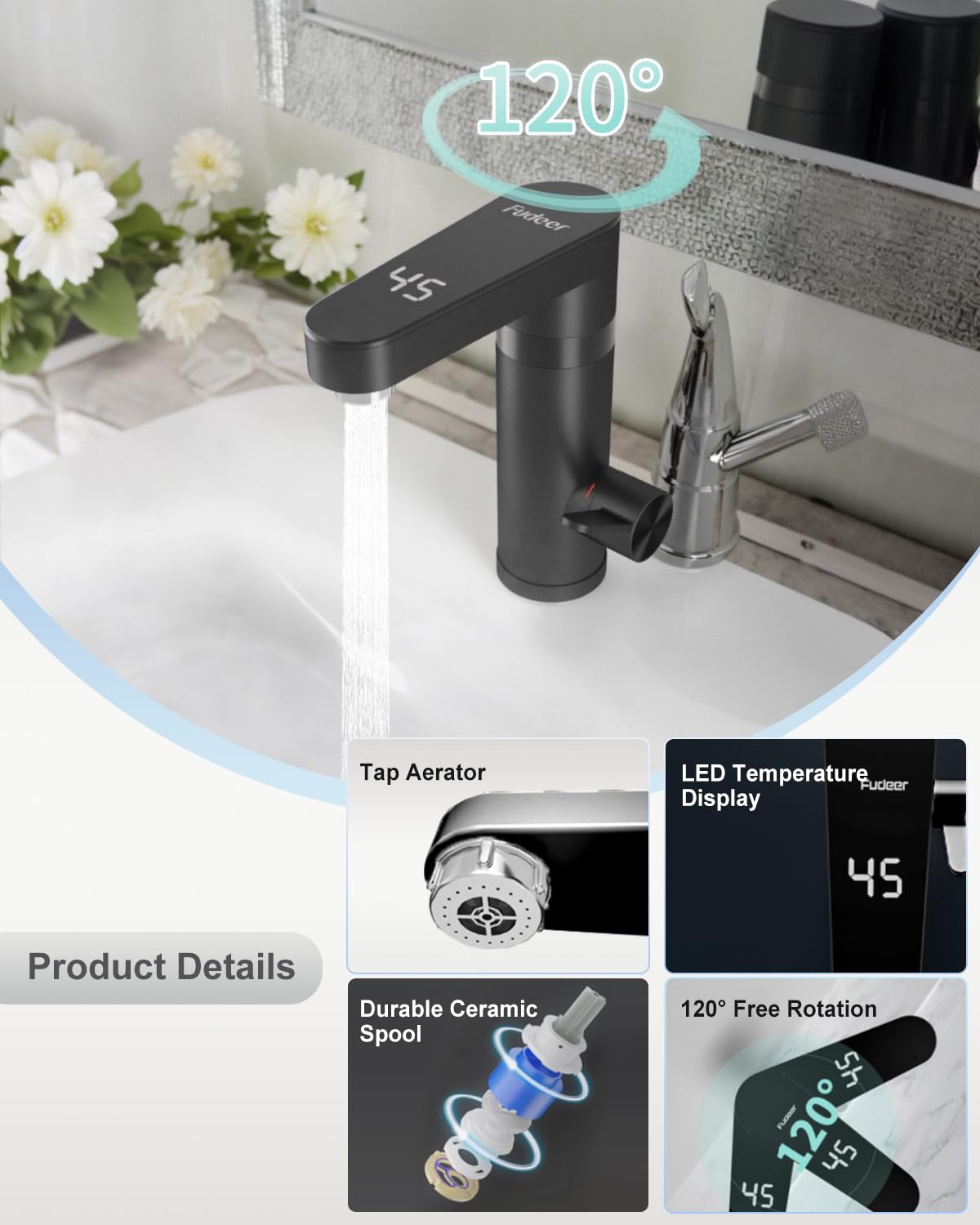 Rubinetto dlettrico, miscelatore elettrico caldo e freddo con display digitale, rubinetto da 3300 W con scaldabagno istantaneo Rubinetto elettrico per lavandino (nero)