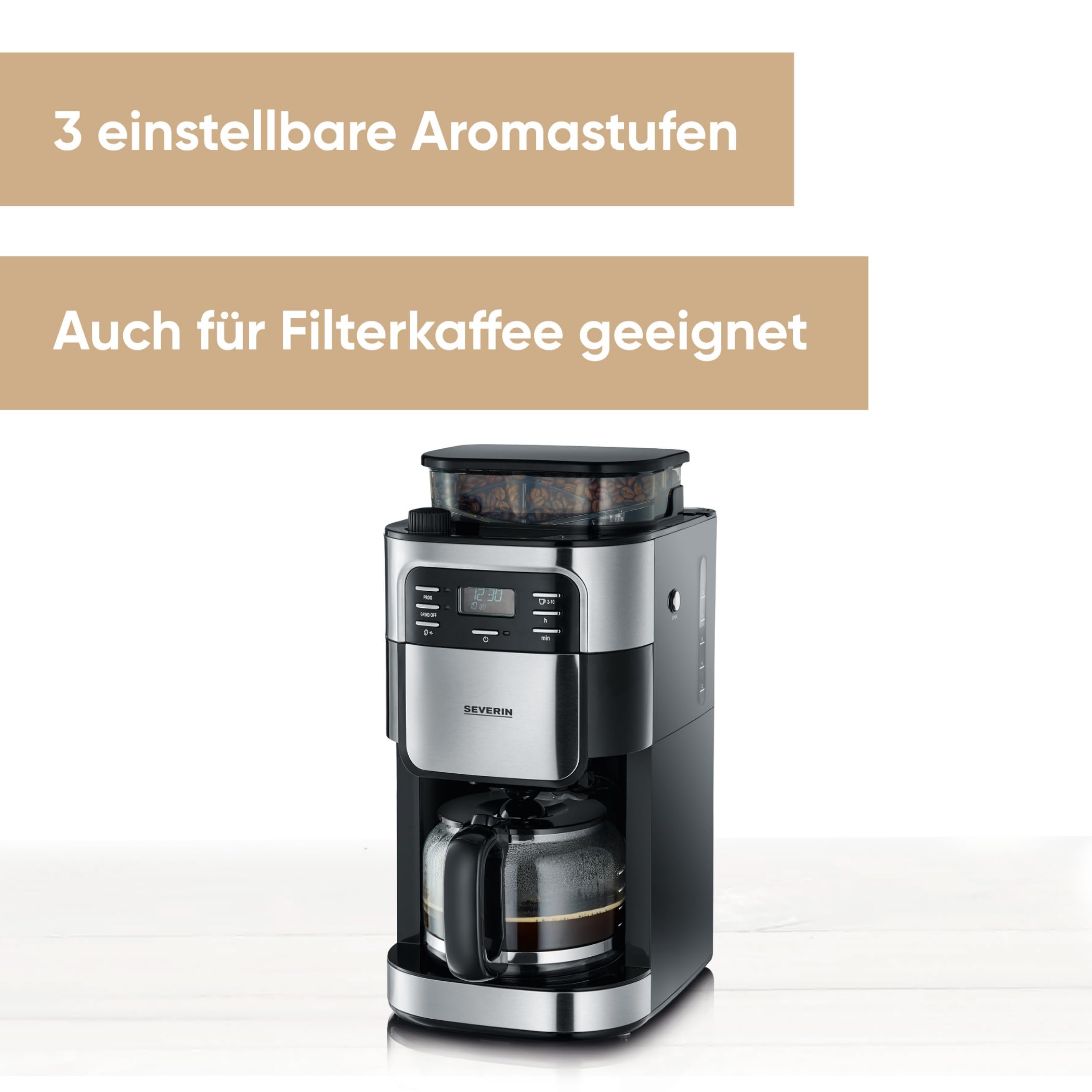 SEVERIN Kaffeemaschine mit Mahlwerk, Glaskanne, Timer, 1000 Watt, Edelstahl, Schwarz, KA 4810
