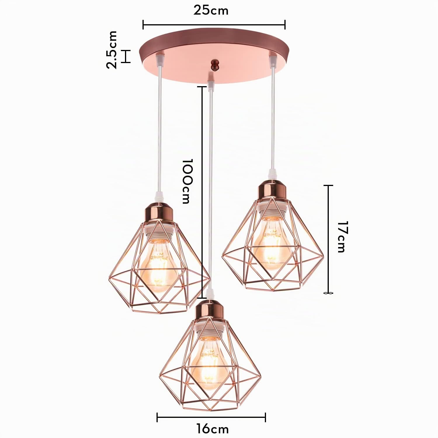 Plafonnier Industriel Vintage Luminaire E27 Rétro Lustre Suspension Design Métal Cage Ø160mm éclairage plafond Pour Salon Cuisine Chambre (Or rose-base de 25cm)
