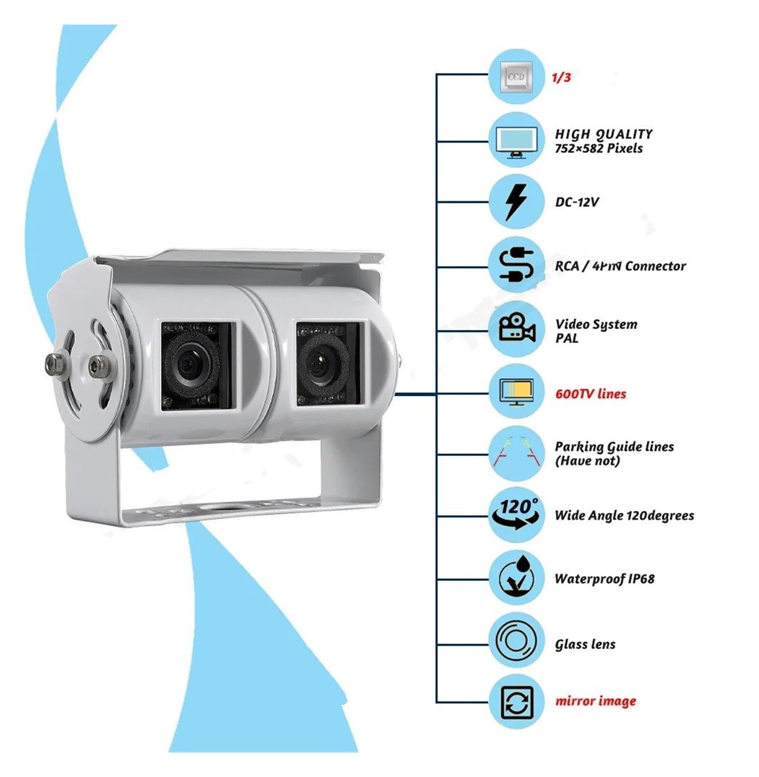 Camara Marcha Atras Cámara Marcha Atrás Blanca Doble Lente, Respaldo RV, Lente Ángulo Ajustable Doble, Cámara CCD Visión Trasera para Camión Y Autobús