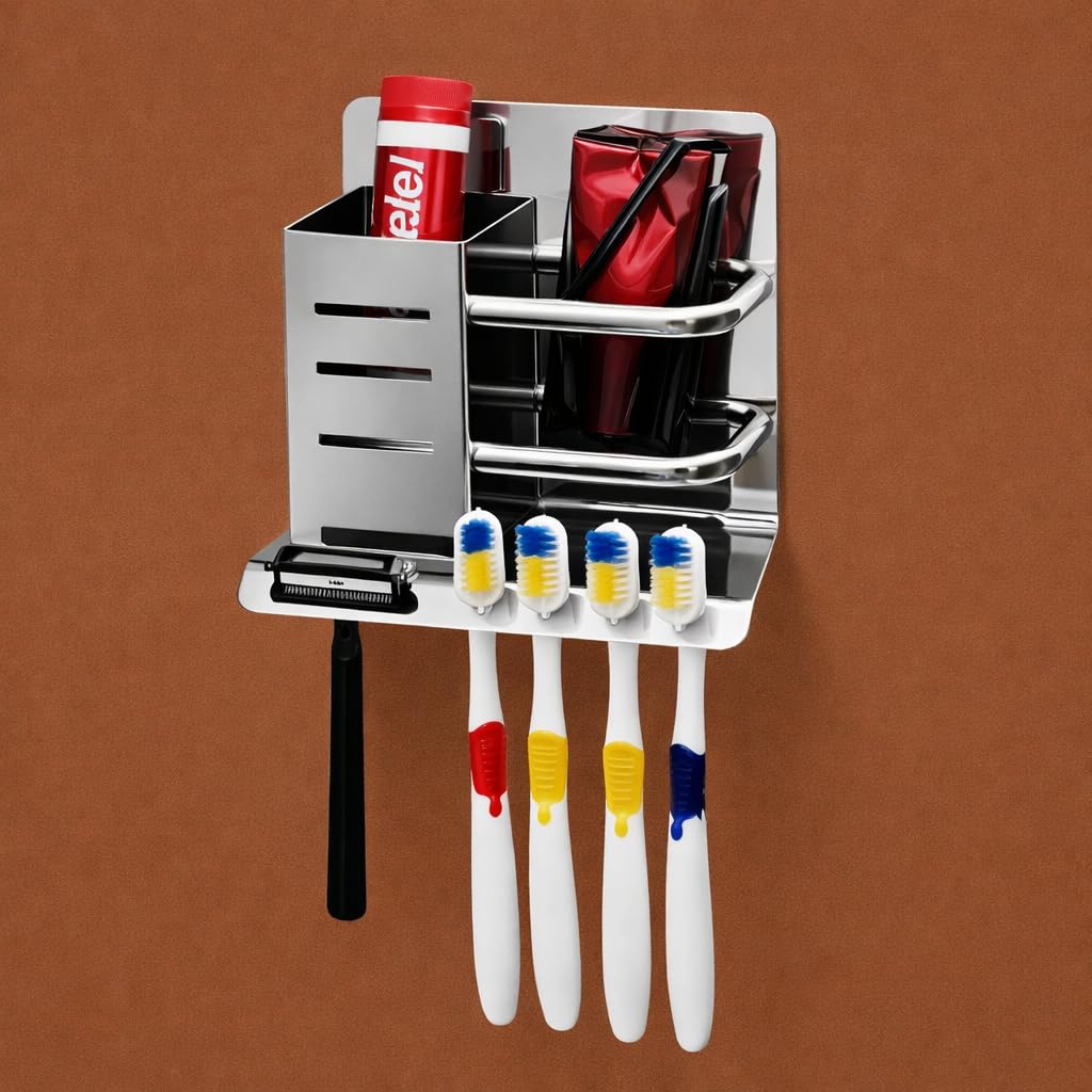 Stainless Steel Toothbrush and Toothpaste Holder/Wall Mount, 4 Brush Slots, 15x13.5x11 cm/Bottle Stand/Tumbler Holder for Wash Basin/Kitchen/Bathroom Accessories (Classic, Pack of 1)-image-43
