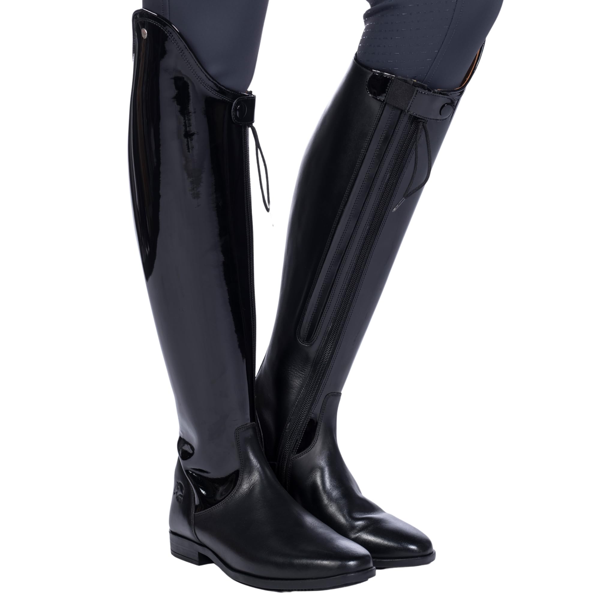HKM Reitstiefel Damen -Lynette- Schwarz | Dressurstiefel mit Lackleder | Elastikeinsatz mit Reißverschluss | Lang/Normal Schaft