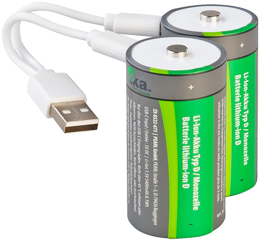tka Köbele Akkutechnik Batterie USB type D : lot de 4 batteries Li-ion type D avec USB-C, 5400 mAh, 8100 mWh, 1,5 V (Accu, piles USB, lampe de poche)
