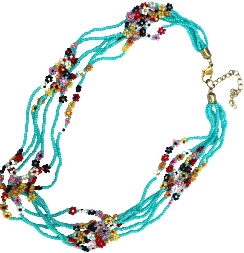Pretty Adjustable Colorful Multi Strand Beaded Seed Bead Flowers Statement Necklace Floral Spring Summer Jewelry for Women