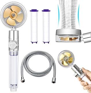 High Pressure Water Saving Shower Head, 360 Degrees Rotating Propeller Driven Handheld Shower Head with Filter, Hand-Held Turbo Fan Spa Shower Head with Water Stop Button (Gold)
