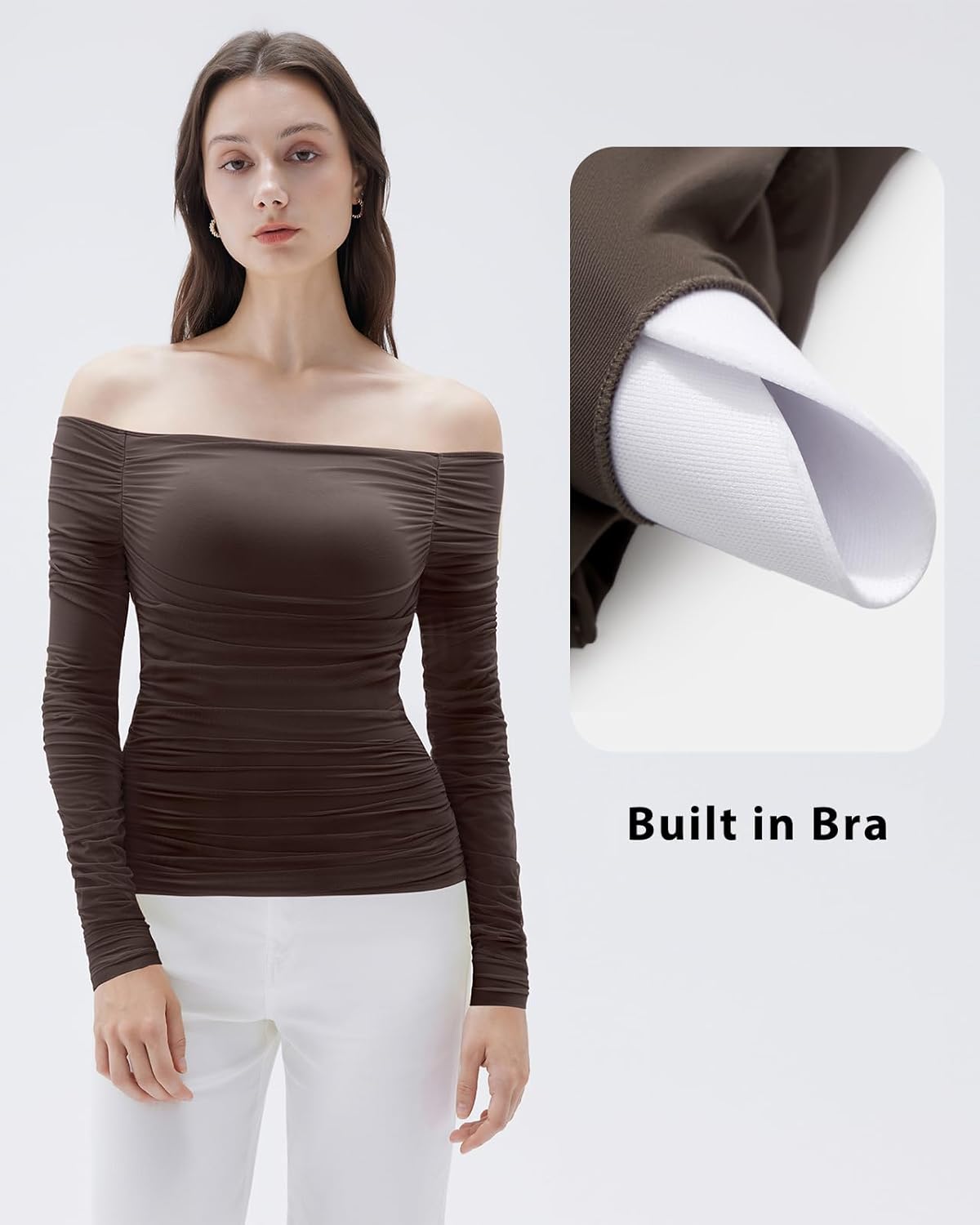 SUUKSESS Women Double Line Mesh Padded Tops Off The Shoulder Long Sleeve Shirts - Image 3